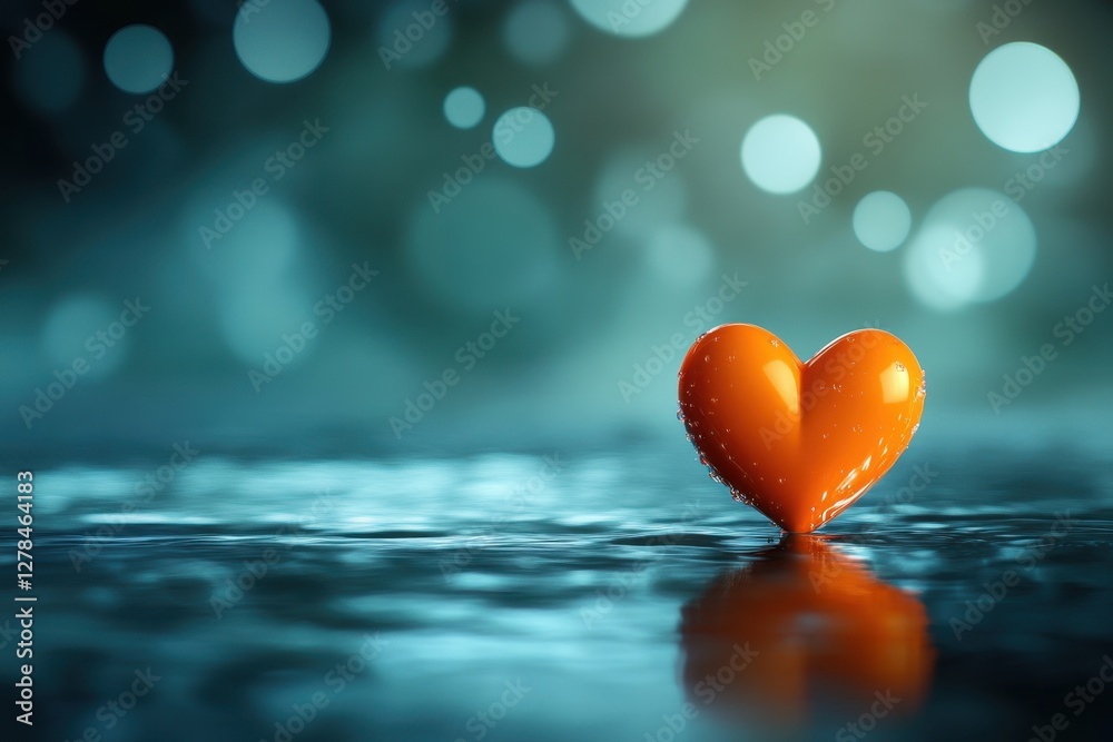 Fototapeta premium Bright Orange Heart Symbol on Calm Water Surface with Soft Lights