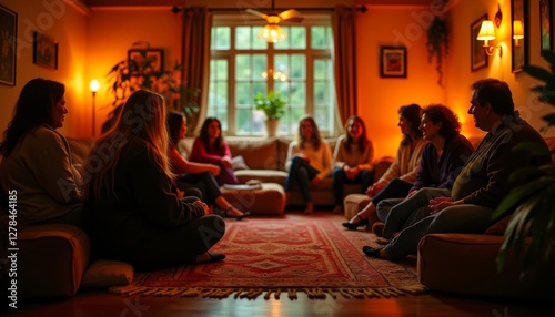 A group gathers in a cozy, warmly lit living room for an intimate meeting or casual social gathering, fostering connection and conversation.