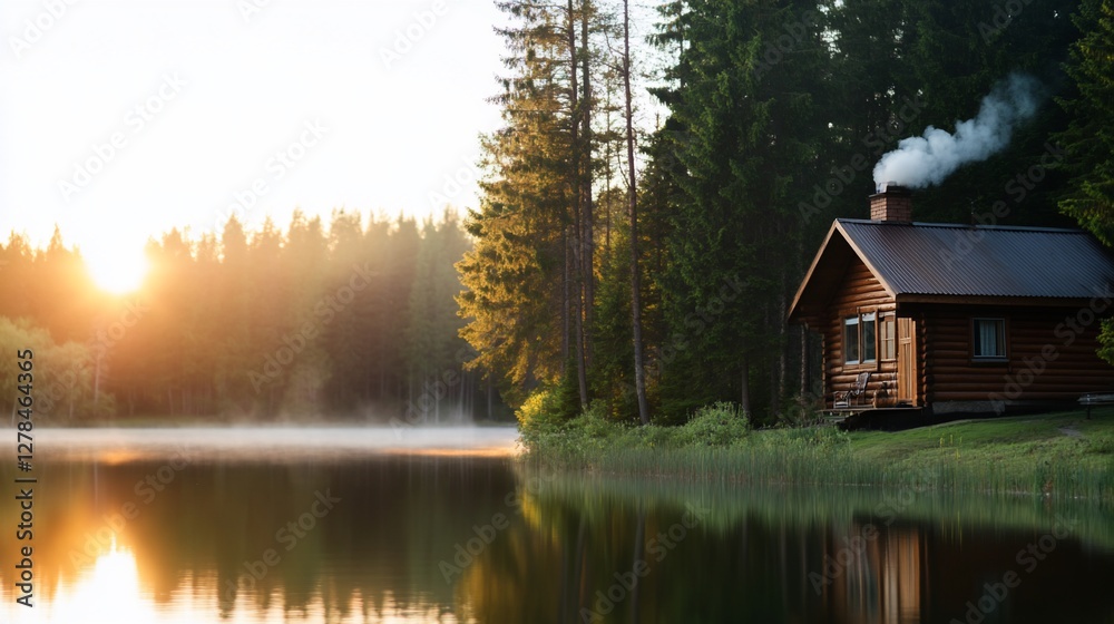 Fototapeta premium Sunrise over lake, cozy cabin, tranquil forest. Peaceful morning scene, ideal for travel brochures