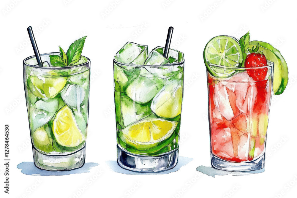 Watercolor Citrus Cocktails: Lime, Mint, Strawberry, and Ice.
