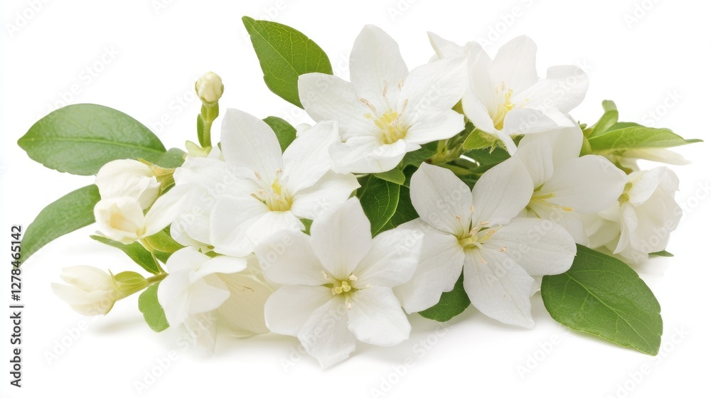 Fototapeta premium Fresh jasmine flowers scattered on a white surface, symbolizing purity, peace, and divine blessings.