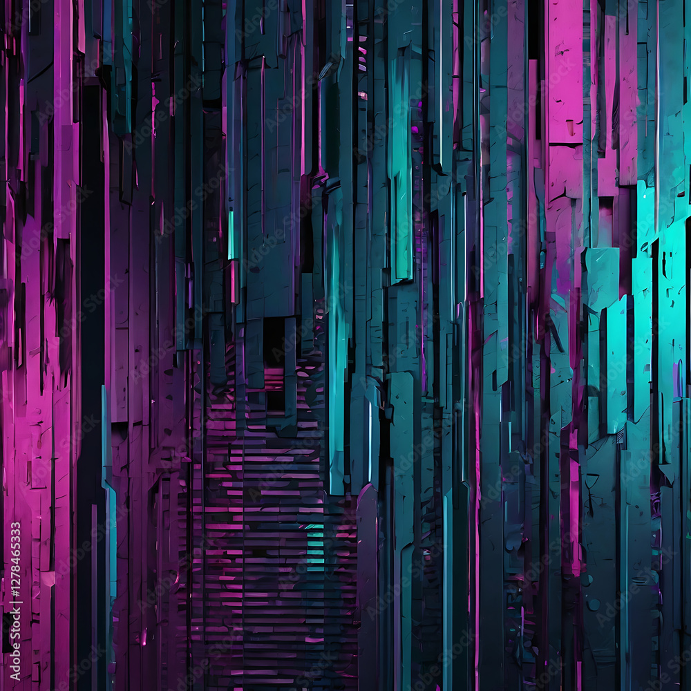 Obraz premium Glitch effect digital background with distorted pixel patterns in RGB color shifts of cyan, magenta, and deep purple, creating a cyberpunk and futuristic aesthetic. 