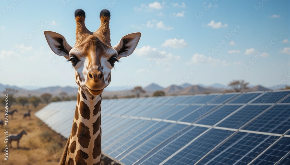 Fototapeta premium A curious giraffe stands gracefully near solar panels in a vibrant savanna, reflecting nature’s beauty while promoting sustainable energy under a sunny sky