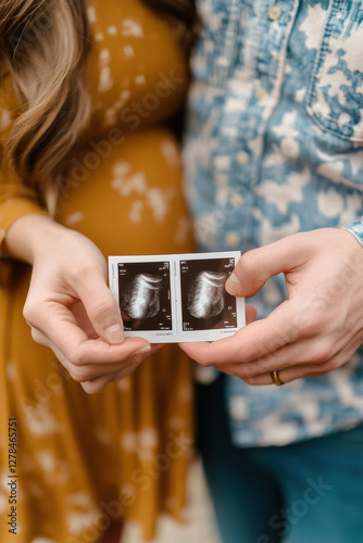 A close-up shot of a couple holding hands, with the wife displaying ultrasound images of their unborn baby. The photo highlights a special moment of their pregnancy announcement photo