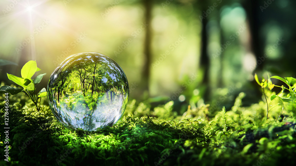 Glass ball containing a small tree placed on moss in a lush green forest environment Glass ball containing a small tree placed on moss in a lush green forest environment