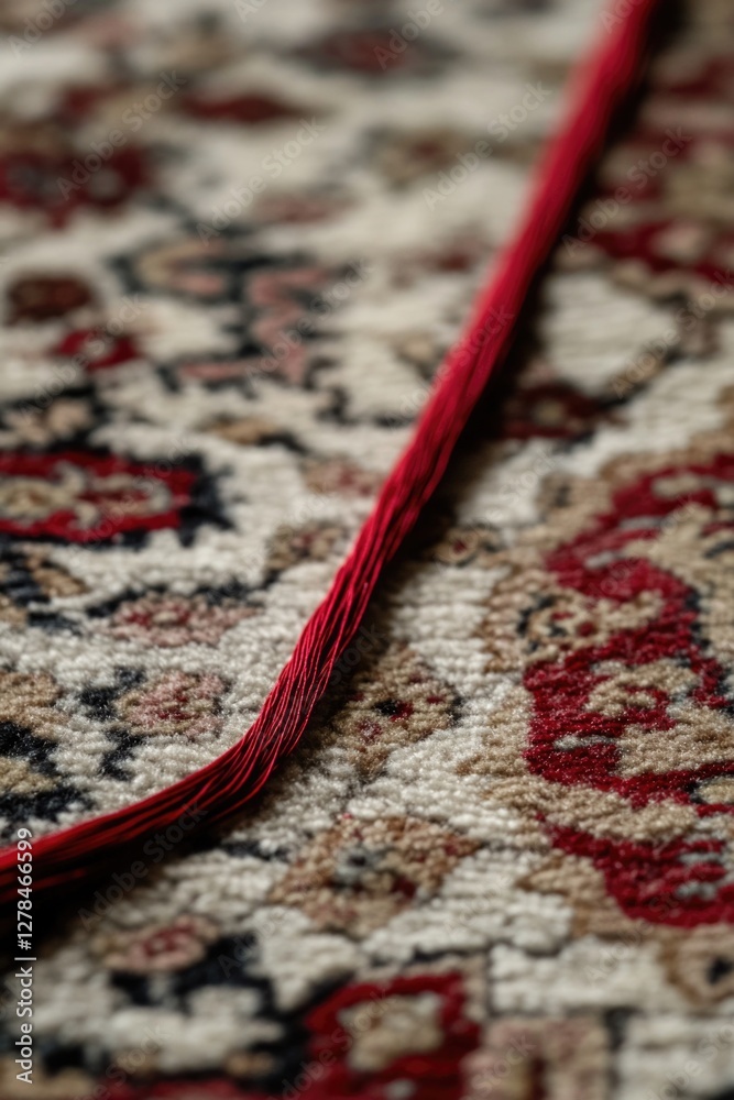 Fototapeta premium Close-up view of a red yarn strand on a rug, ideal for use in textiles or craft projects