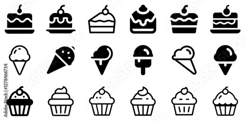 "Cake, Ice Cream, and Cupcake Vector Icon Set – Sweet Treats and Celebrations"