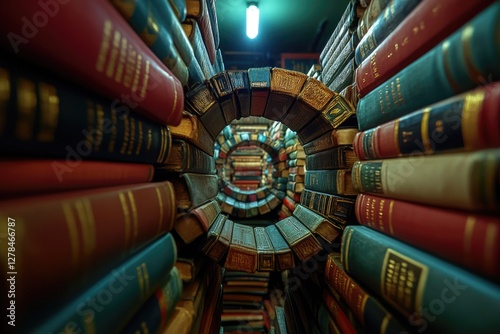 A room filled with variously colored books on shelves and tables, great for educational or inspirational purposes