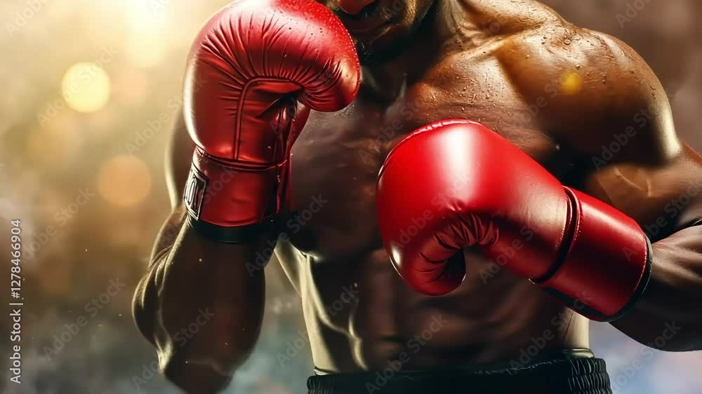 A powerful close-up of a muscular boxer wearing red gloves, sweating and preparing to strike in a dramatic atmosphere with warm golden lighting.