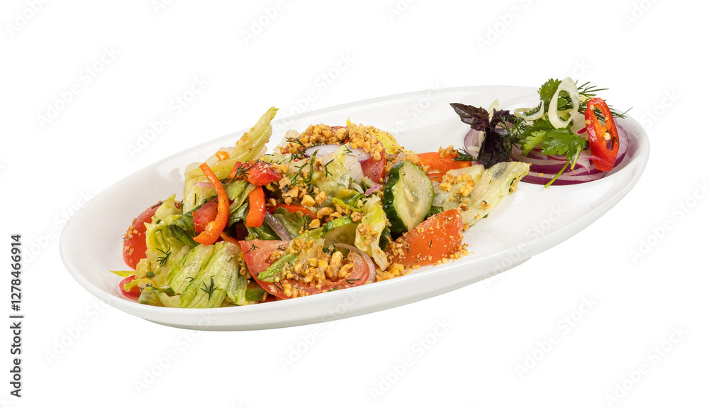 A white plate with a vegetable salad on a white background A white plate with a vegetable salad on a white background