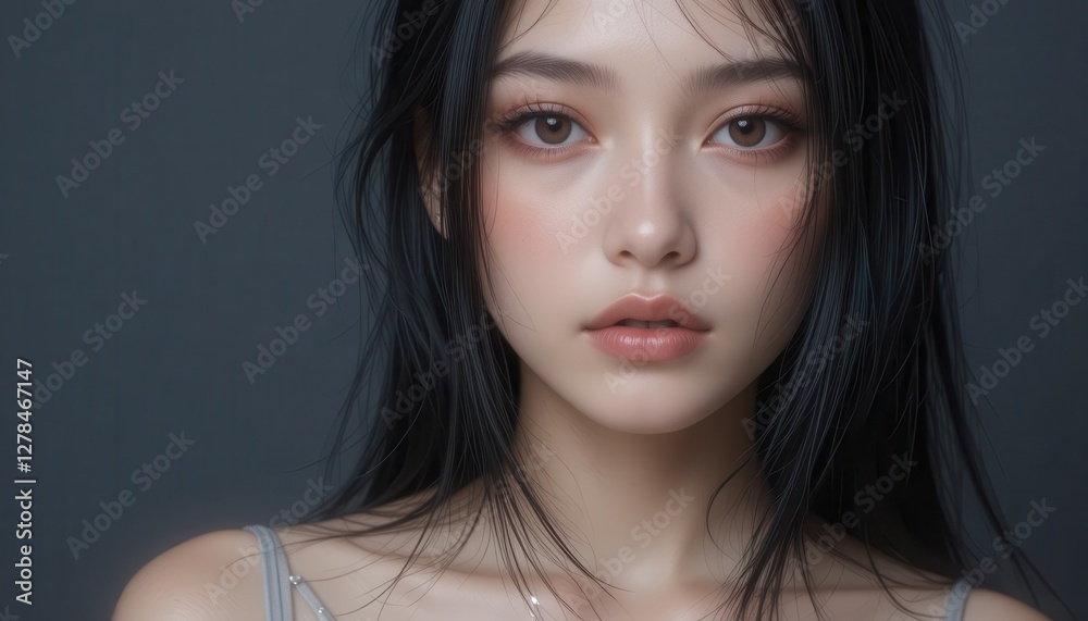 Fototapeta premium A striking model with long, dark hair gazes softly at the viewer, her delicate features highlighted by gentle lighting. The modern studio backdrop accentuates her natural beauty and serenity