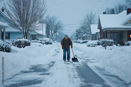 Man shovels snow from a residential street in a quiet neighborhood during a winter storm in the early morning hours