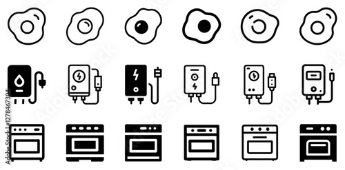 "Fried Egg, Efficient Electric Water Heater, and Oven Vector Icon Set – Culinary Convenience and Kitchen Essentials"
