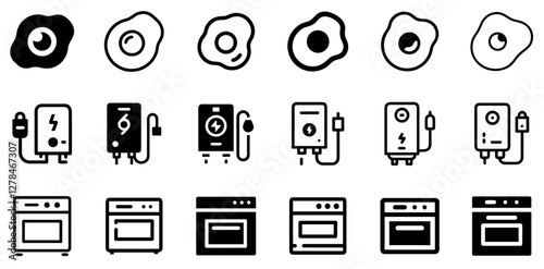 "Fried Egg, Efficient Electric Water Heater, and Oven Vector Icon Set – Culinary Convenience and Kitchen Essentials"