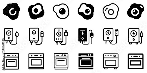 "Fried Egg, Efficient Electric Water Heater, and Oven Vector Icon Set – Culinary Convenience and Kitchen Essentials"