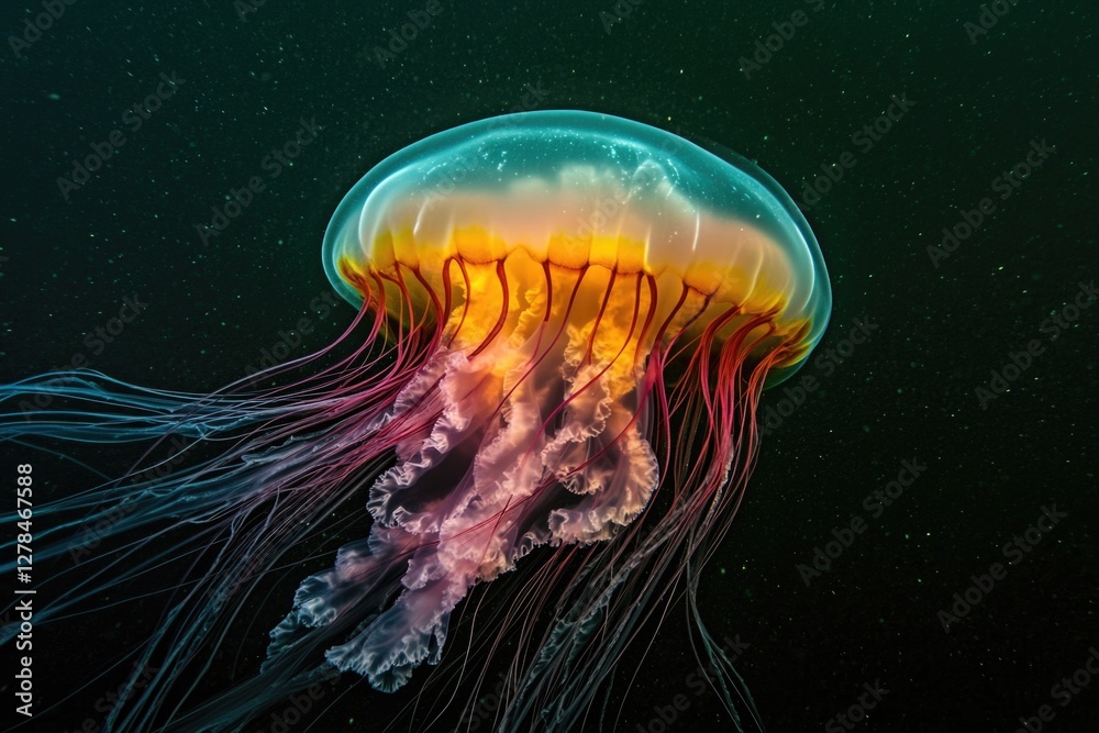 Fototapeta premium Jellyfish swimming in deep water with a dark blue or black background