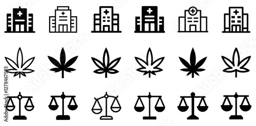 "Hospital Building, Marijuana Leaf, and Scales of Justice Vector Icon Set – Health, Wellness, and Law"