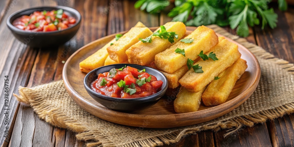 Crunchy yuca frita on a plate with a side of spicy salsa and fresh cilantro, colombian food, crispy side dish Crunchy yuca frita on a plate with a side of spicy salsa and fresh cilantro, colombian food, crispy side dish