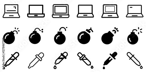 "Laptop, Bomb, and Dropper Vector Icon Set – Technology, Tension, and Precision"