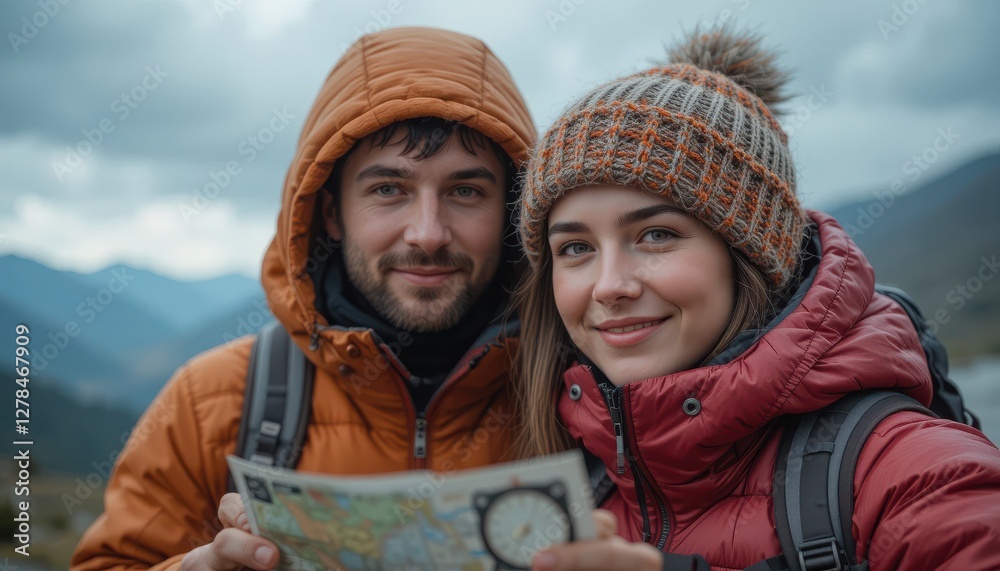 A cheerful couple stands in the mountains, wearing warm jackets and hats. They are smiling while examining a map, excited to discover new trails in the picturesque landscape A cheerful couple stands in the mountains, wearing warm jackets and hats. They are smiling while examining a map, excited to discover new trails in the picturesque landscape