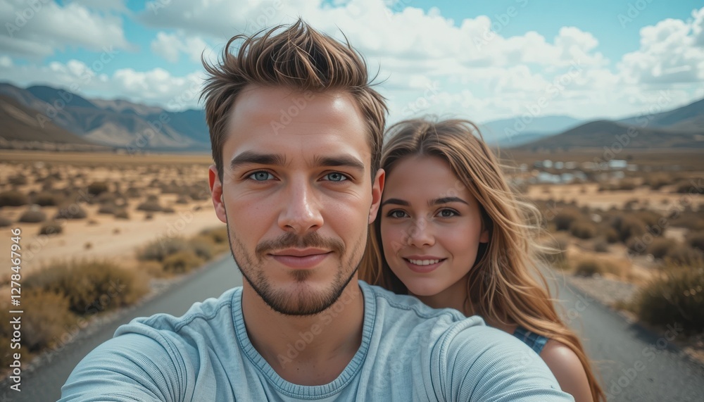 A young couple stands together smiling in a sunlit open landscape. Behind them, majestic mountains rise against a backdrop of vivid blue sky and fluffy clouds, creating a romantic escape A young couple stands together smiling in a sunlit open landscape. Behind them, majestic mountains rise against a backdrop of vivid blue sky and fluffy clouds, creating a romantic escape