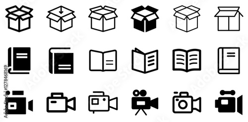"Open Box, Book, and Video Camera Vector Icon Set – Discovery, Knowledge, and Storytelling"