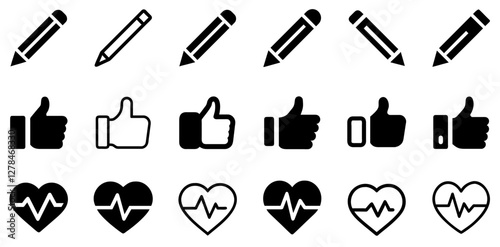 "Pencil, Thumb Up, and Heart Pulse Vector Icon Set – Creativity, Approval, and Health"