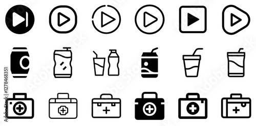 "Play Button, Soft Drink, and First Aid Kit Vector Icon Set – Fun, Refreshment, and Safety"