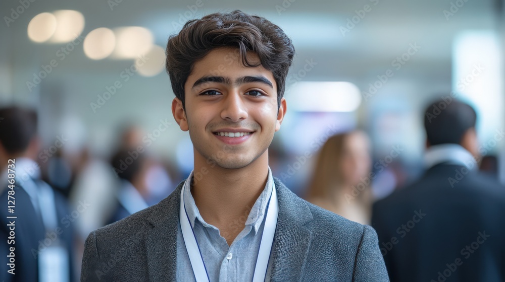 Obraz premium Confident 16-Year-Old South Asian Male Student in Business Attire Smiling at a Professional Networking Event with a Busy Background of Attendees