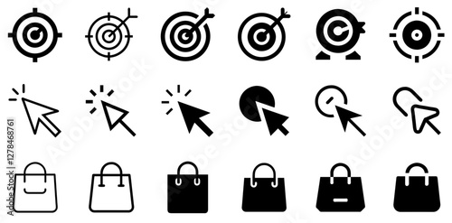 "Target, Cursor Click, and Shopping Bag Vector Icon Set – Precision, Action, and Retail"