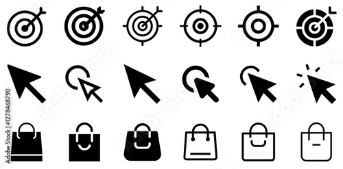 "Target, Cursor Click, and Shopping Bag Vector Icon Set – Precision, Action, and Retail"