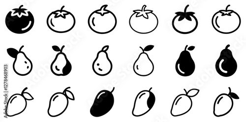 "Tomato, Pear, and Mango Vector Icon Set – Fresh and Vibrant Fruit Collection"