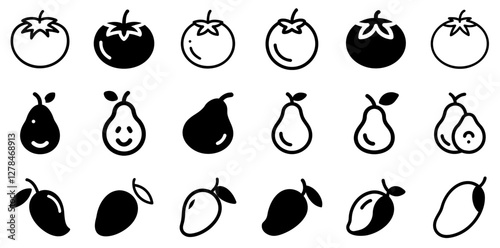 "Tomato, Pear, and Mango Vector Icon Set – Fresh and Vibrant Fruit Collection"