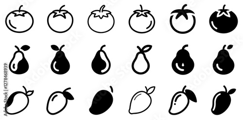 "Tomato, Pear, and Mango Vector Icon Set – Fresh and Vibrant Fruit Collection"