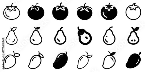 "Tomato, Pear, and Mango Vector Icon Set – Fresh and Vibrant Fruit Collection"