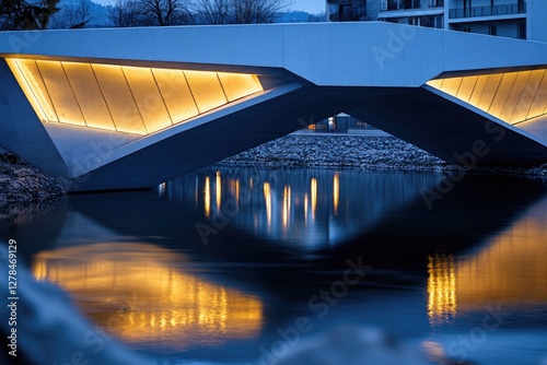 A bridge illuminated by moonlight or streetlights spans the surface of a calm body of water at night