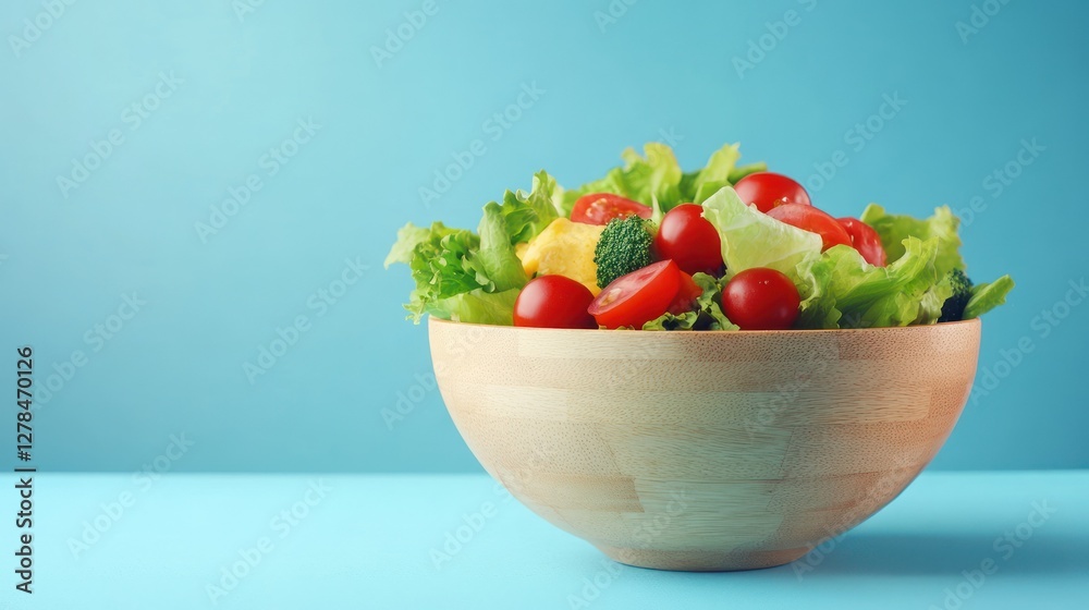 Fresh salad bowl, blue backdrop Fresh salad bowl, blue backdrop
