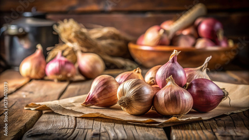 Fresh shallots with papery skins, resting on a rustic wooden surface. Natural light highlights their texture and soft shadows. Blurred kitchen background. photo