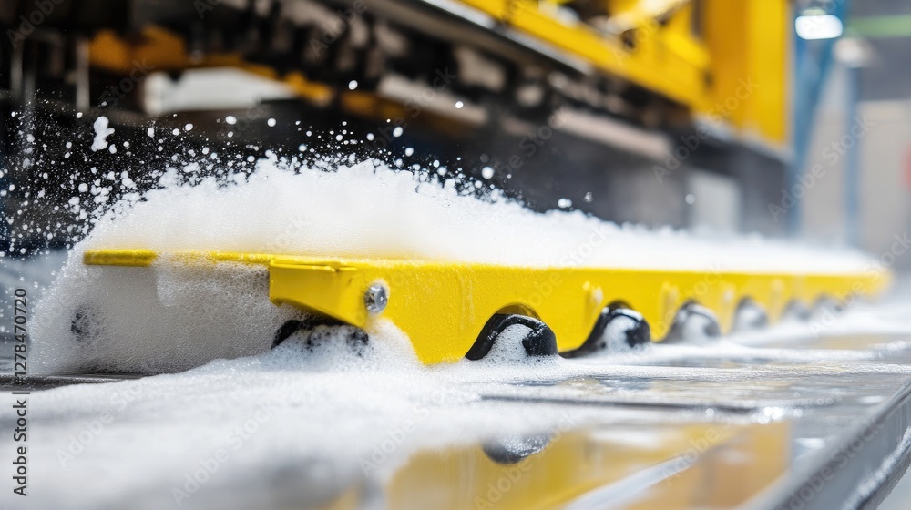 Industrial-grade conveyor tray cleaner with rotating scrubbers and automated detergent system.