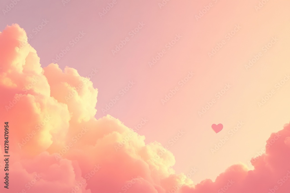 Fototapeta premium Soft Clouds and Heart Symbol in Pastel Sky at Sunrise or Sunset