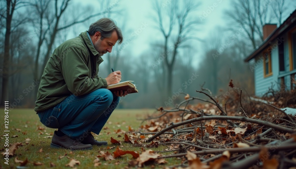 A person, kneeling outdoors, writes in a notebook. Dead leaves and branches are scattered on the ground. A house is in the background. A person, kneeling outdoors, writes in a notebook. Dead leaves and branches are scattered on the ground. A house is in the background.