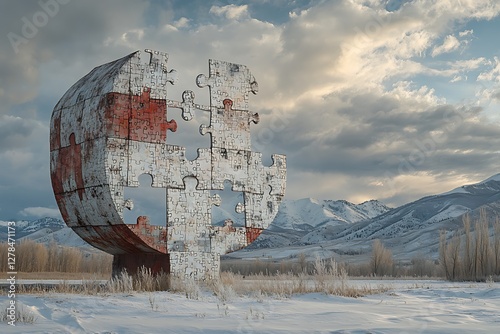 Puzzle Sculpture in Snowy Landscape