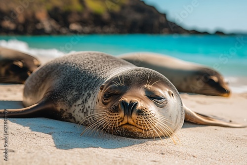 Sea lion resting on beach, sunny day