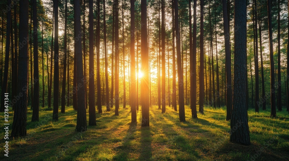 Fototapeta premium A thick forest of tall pine trees, bathed in golden light at sunset, symbolizing the need to protect forests and their biodiversity.