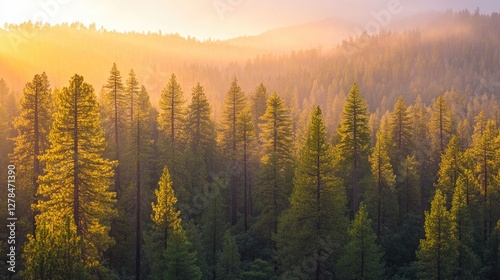 A thick forest of tall pine trees, bathed in golden light at sunset, symbolizing the need to protect forests and their biodiversity.