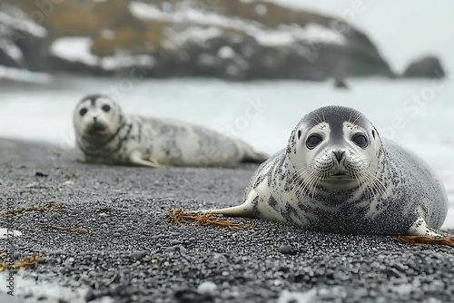 Two seals resting on a beach