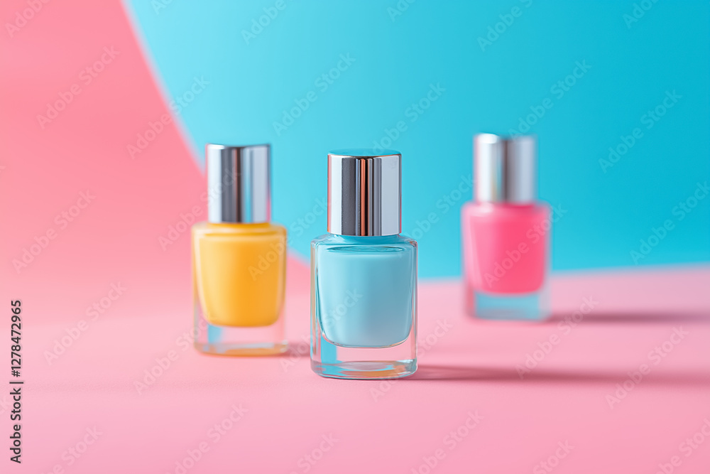 Minimalist composition of nail polish bottles in pastel shades Minimalist composition of nail polish bottles in pastel shades