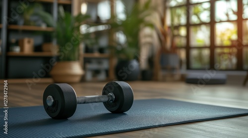 Dumbbell on mat, home gym, sunlit photo