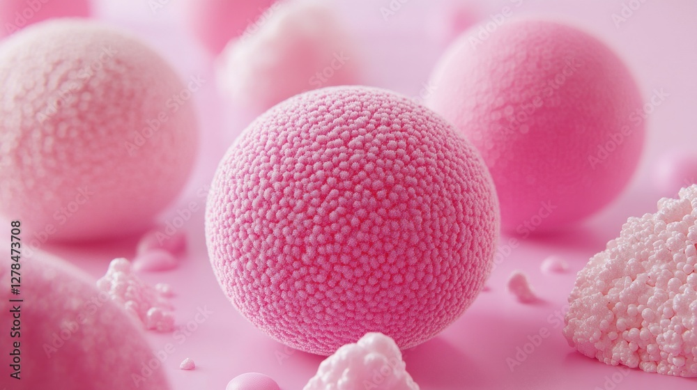 Close-up of textured pink spheres and fragments on pink background. Close-up of textured pink spheres and fragments on pink background.