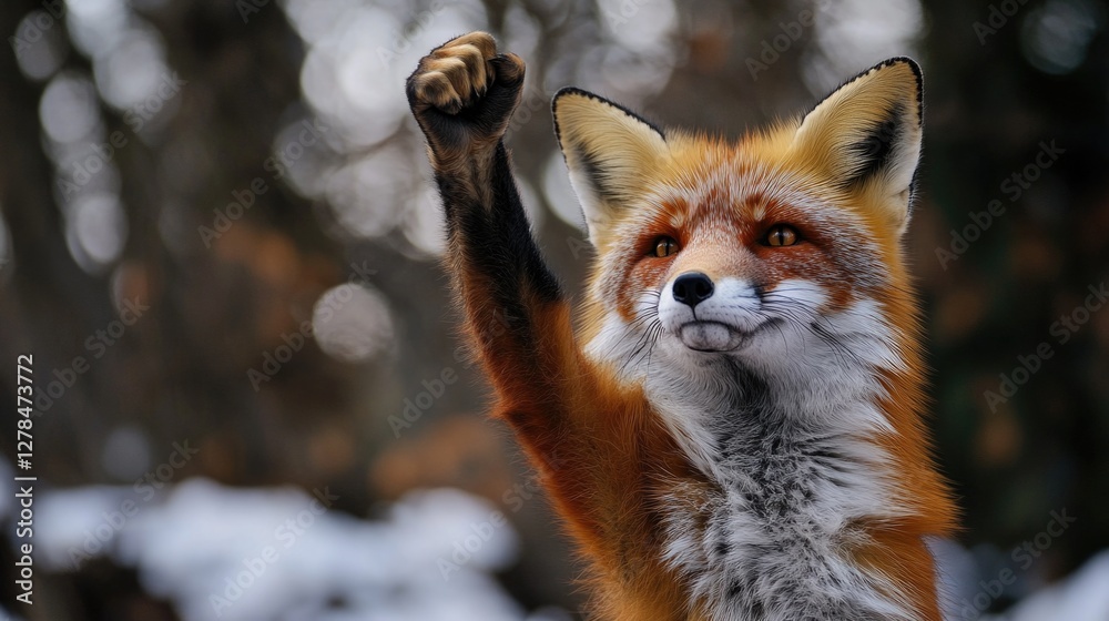 Close-up shot of a red fox's paw raised in the air
